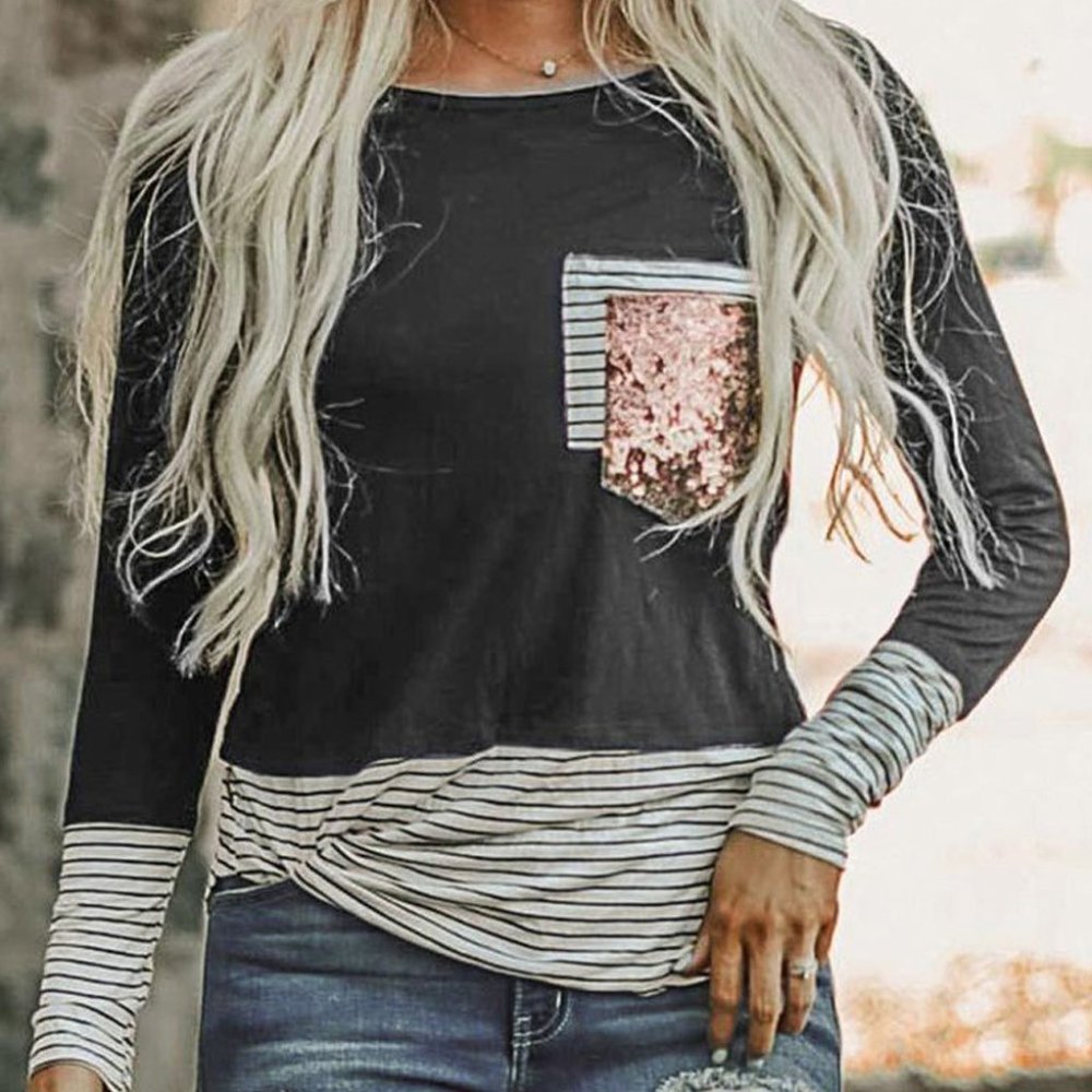 Striped Colorblock Sequin Pocket Shirt - Picture 2 of 11